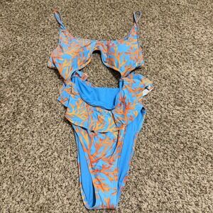 Decree‎ Blue Orange Coral Print Cutout Ruffle One Piece Swimsuit Womens XL